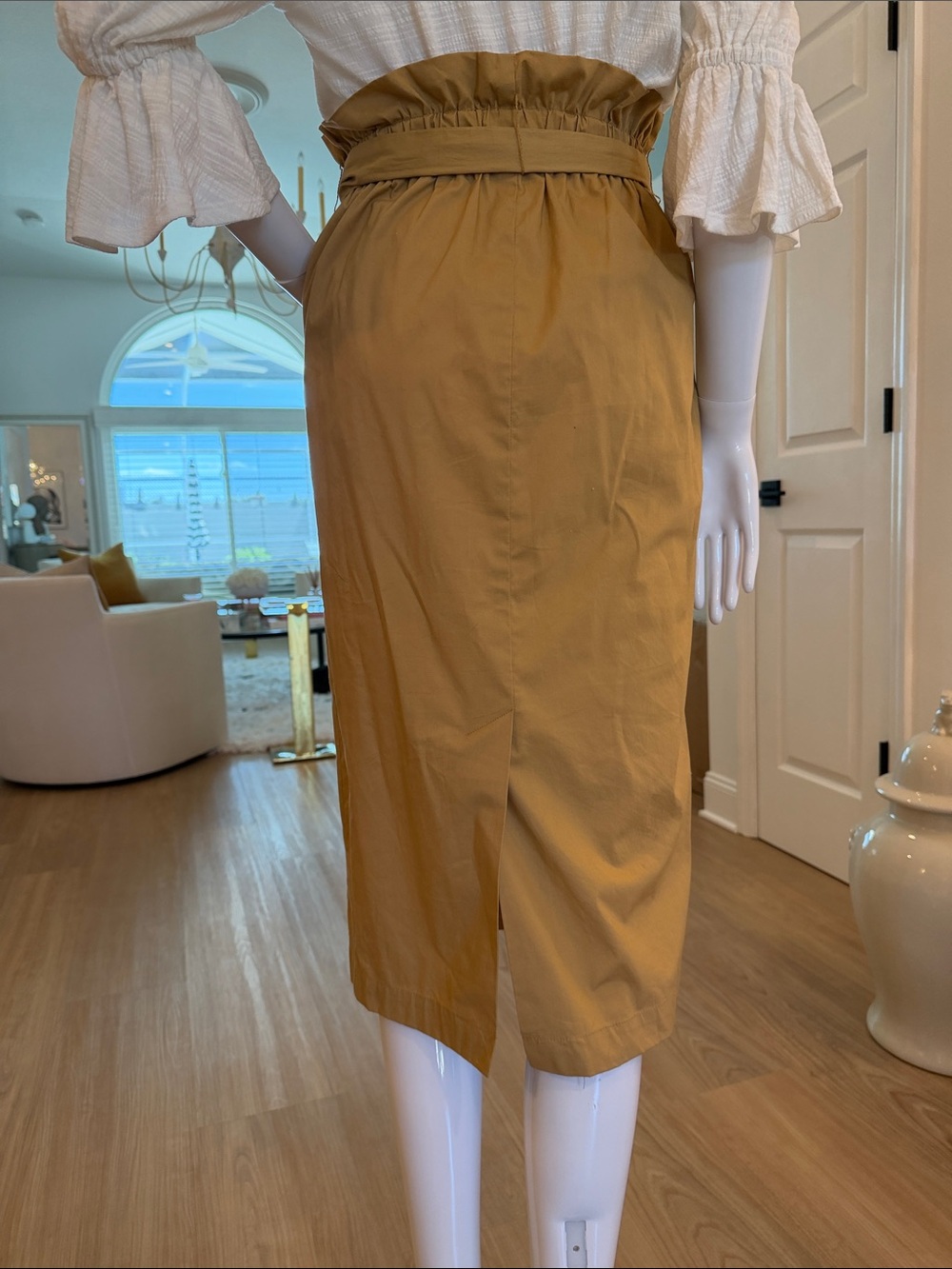 Who What Wear Camel Paperbag Midi Skirt with Self-Tie Belt - Picture 5 of 8